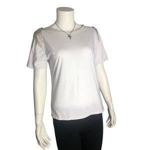Women's Short Sleeve T-shirt White with decorative metallic shoulder Sz S